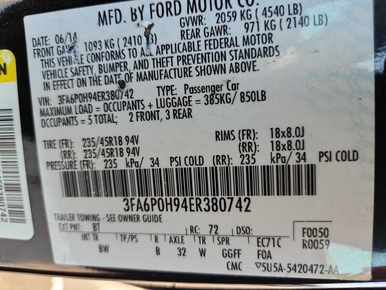 2014 Ford Fusion Se VIN: 3FA6P0H94ER380742 Lot: 71553075