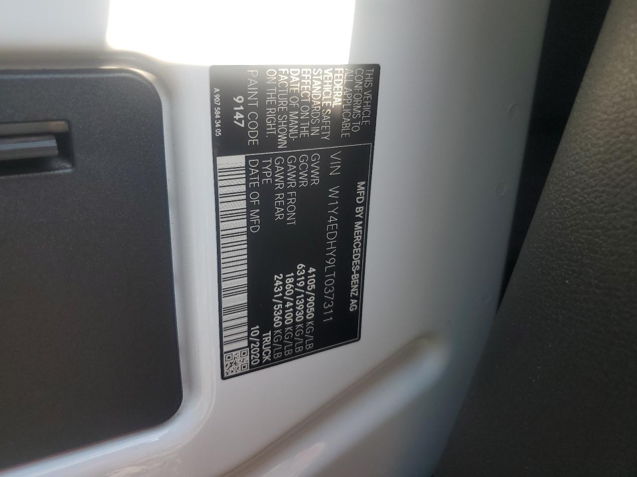 2020 Mercedes-Benz Sprinter 2500 VIN: W1Y4EDHY9LT037311 Lot: 83895865