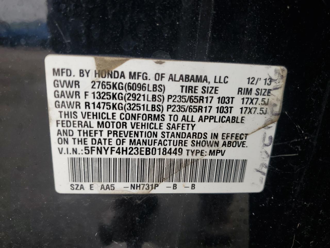 2014 Honda Pilot Lx VIN: 5FNYF4H23EB018449 Lot: 81333175