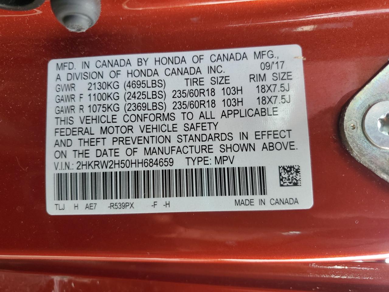 2017 Honda Cr-V Ex VIN: 2HKRW2H50HH684659 Lot: 81478075
