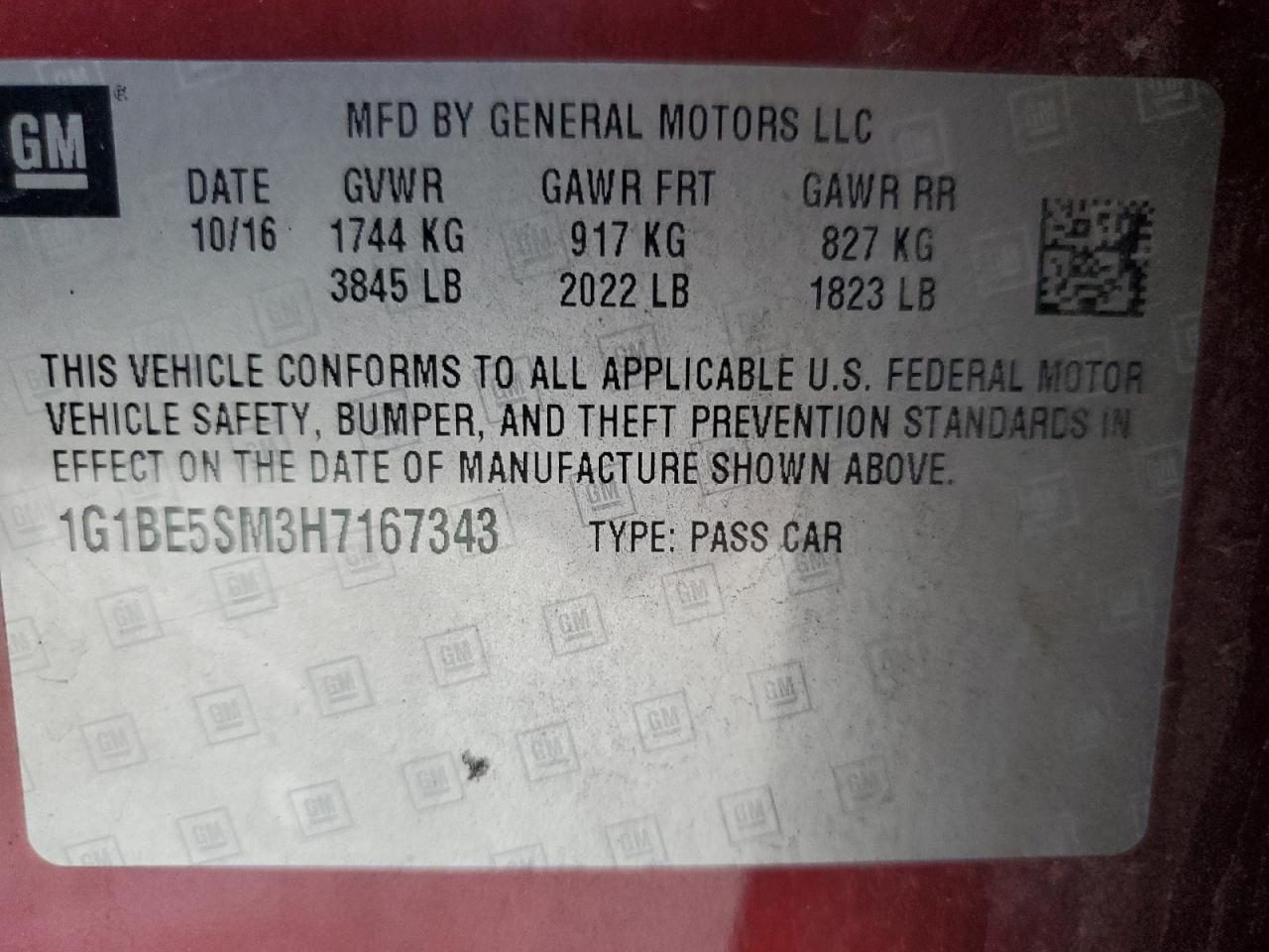 2017 Chevrolet Cruze Lt VIN: 1G1BE5SM3H7167343 Lot: 84624915