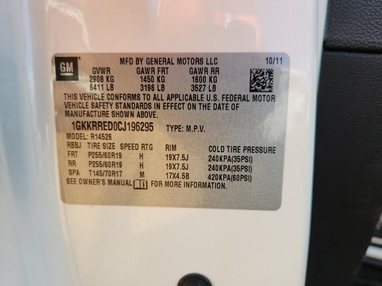 2012 GMC Acadia Slt-1 VIN: 1GKKRRED0CJ196295 Lot: 72031425