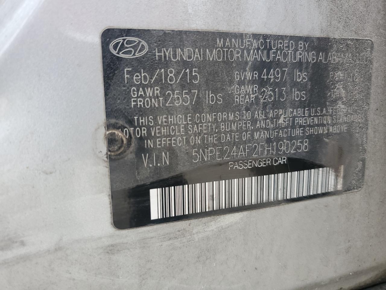 2015 Hyundai Sonata Se VIN: 5NPE24AF2FH190258 Lot: 84720945