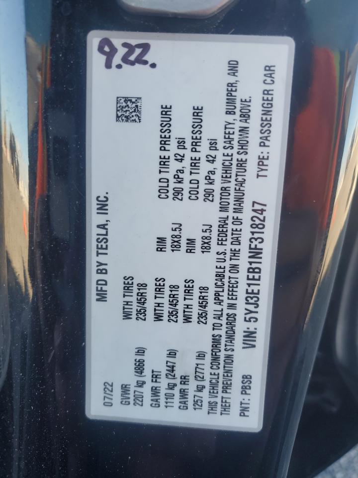 2022 Tesla Model 3 VIN: 5YJ3E1EB1NF318247 Lot: 81791695