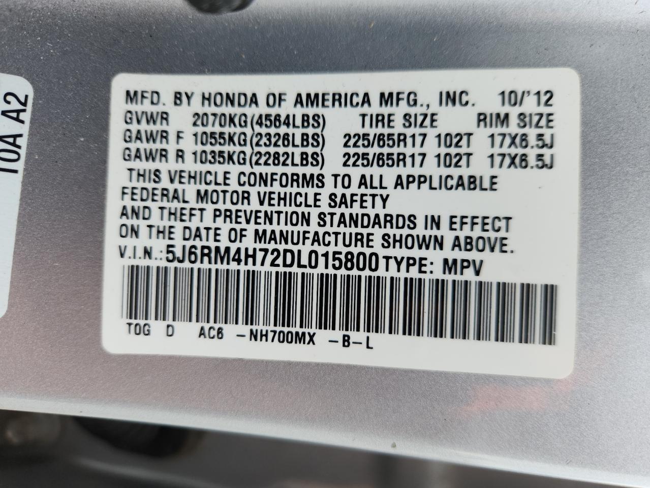 2013 Honda Cr-V Exl VIN: 5J6RM4H72DL015800 Lot: 71266125