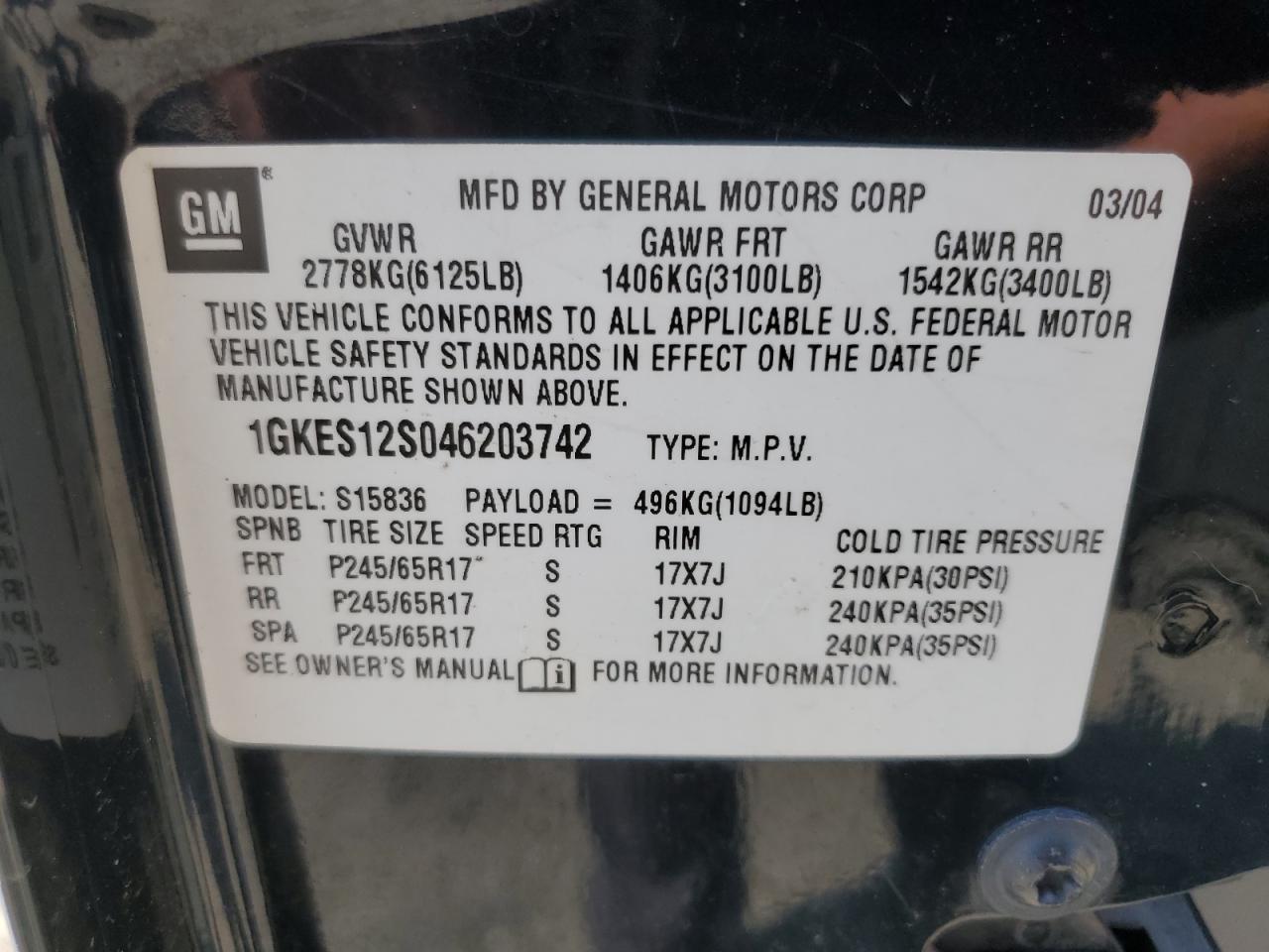 2004 GMC Envoy VIN: 1GKES12S046203742 Lot: 81607575