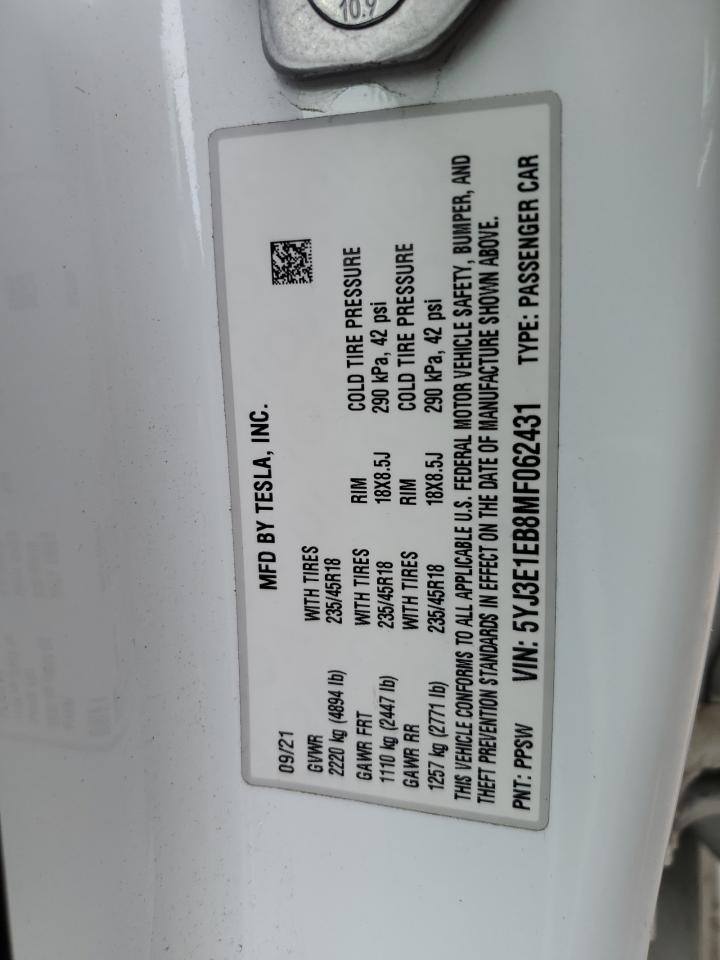 2021 Tesla Model 3 VIN: 5YJ3E1EB8MF062431 Lot: 80848515