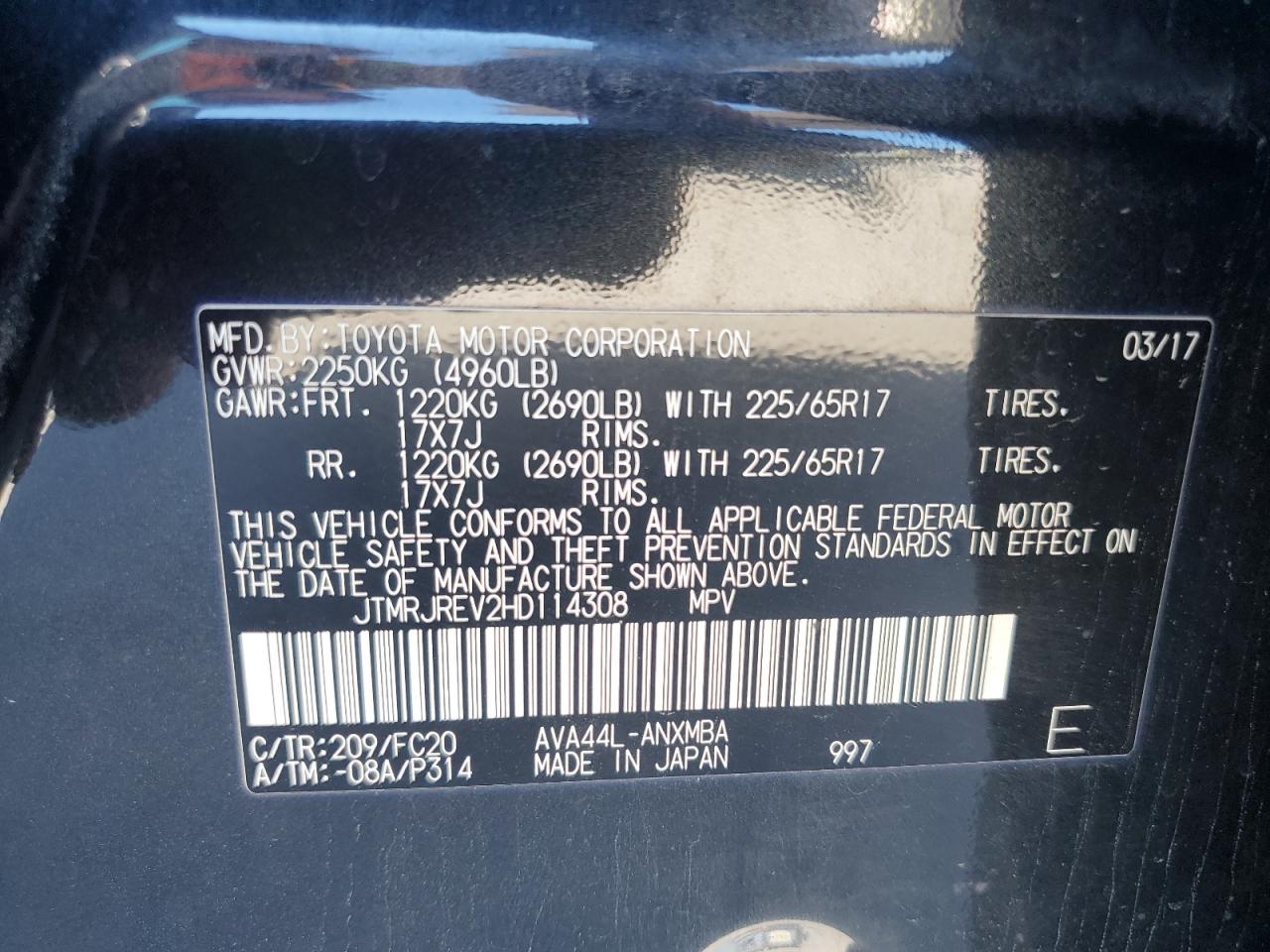 2017 Toyota Rav4 Hv Le VIN: JTMRJREV2HD114308 Lot: 81066465