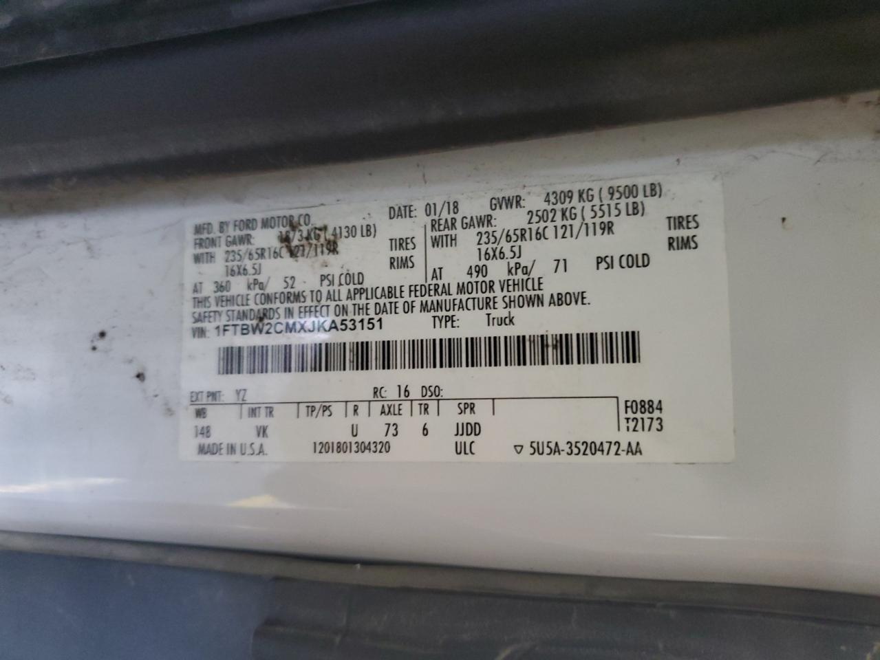 2018 Ford Transit T-350 VIN: 1FTBW2CMXJKA53151 Lot: 71673695