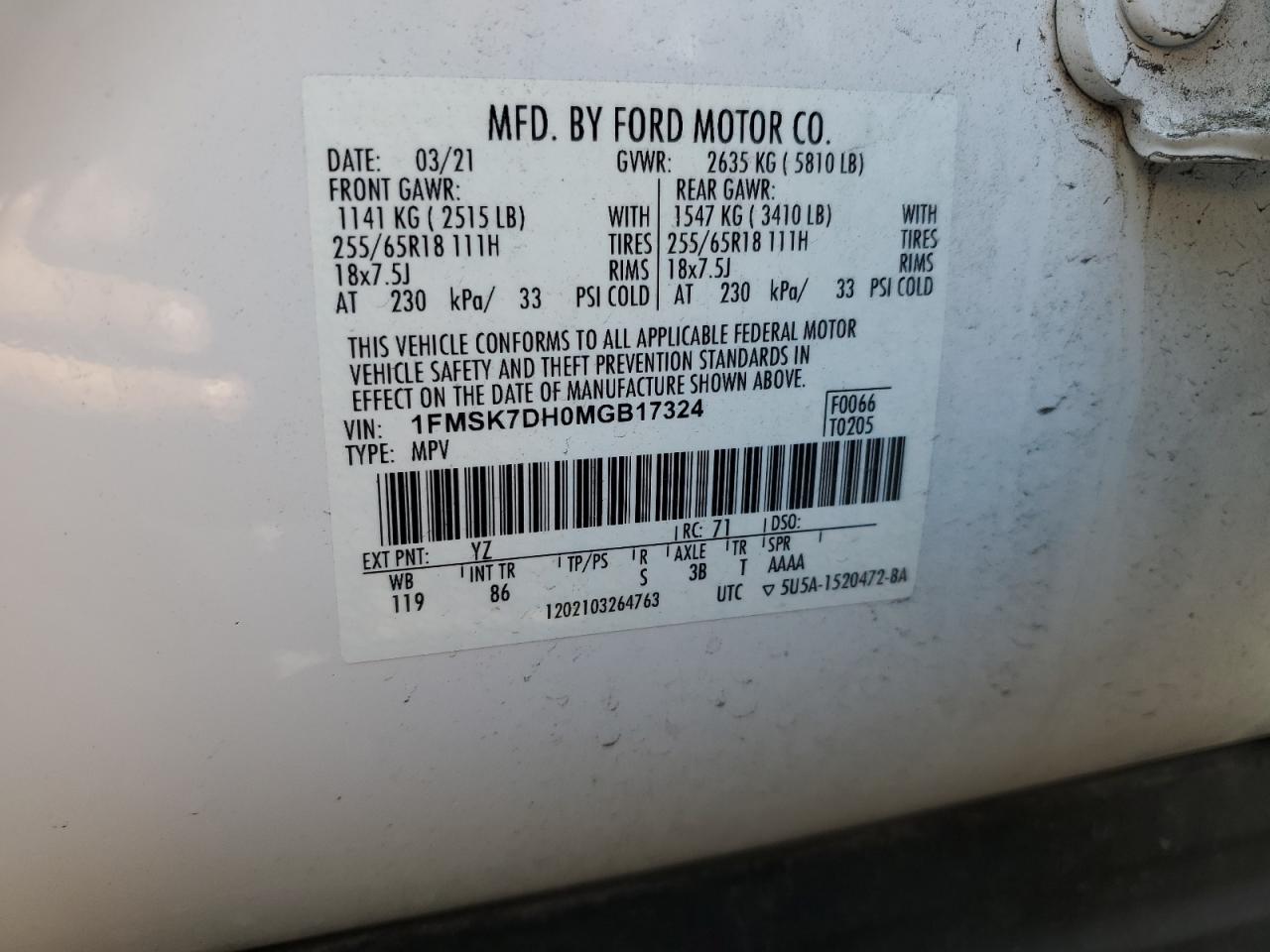 2021 Ford Explorer Xlt VIN: 1FMSK7DH0MGB17324 Lot: 80137865