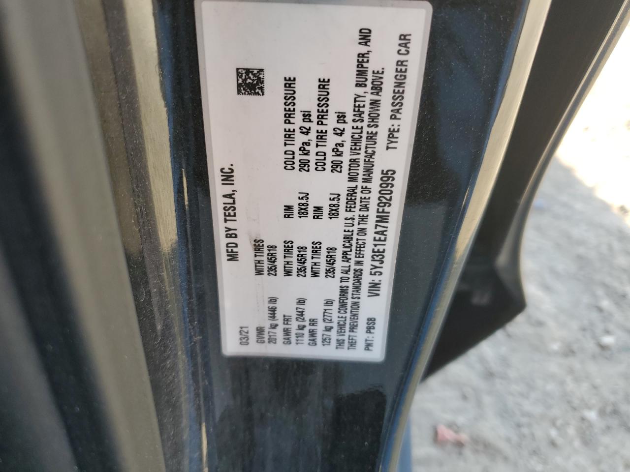 2021 Tesla Model 3 VIN: 5YJ3E1EA7MF920995 Lot: 84188105