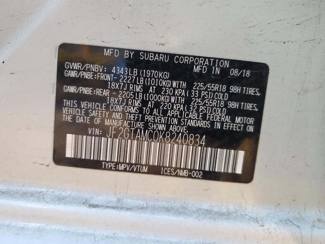 2019 Subaru Crosstrek Limited VIN: JF2GTAMC0K8240834 Lot: 81259975