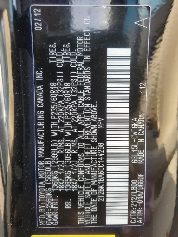 2012 Lexus Rx 350 VIN: 2T2BK1BA6CC144298 Lot: 83903705