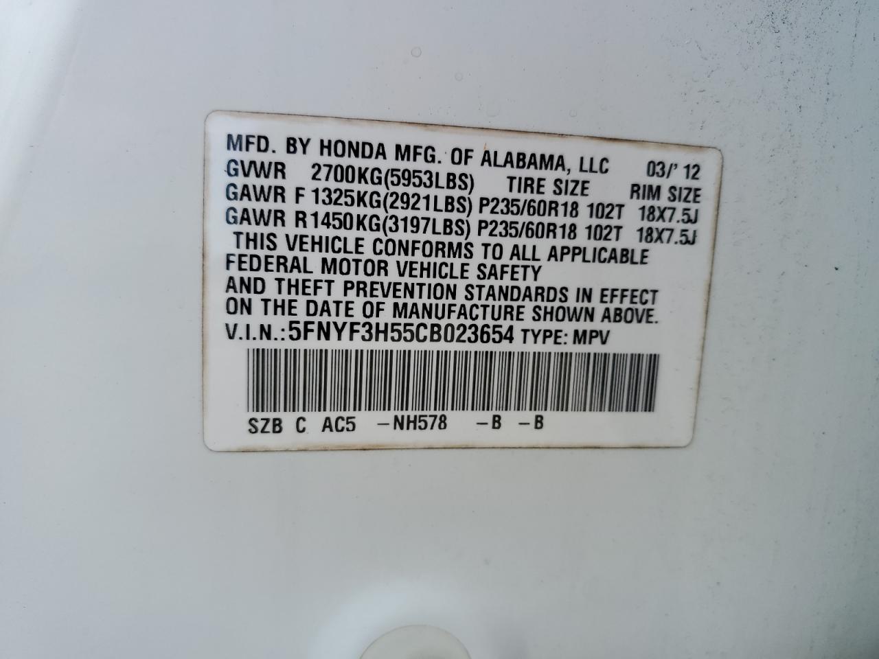 2012 Honda Pilot Exl VIN: 5FNYF3H55CB023654 Lot: 83873735