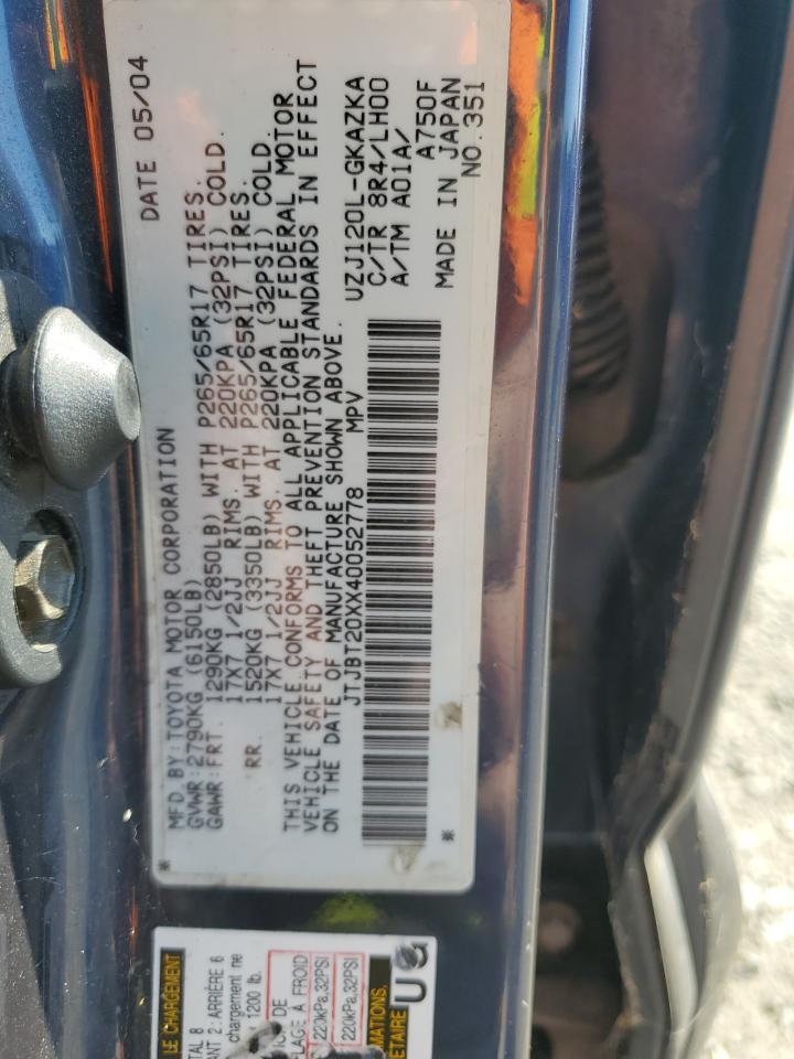 2004 Lexus Gx 470 VIN: JTJBT20XX40052778 Lot: 80735555