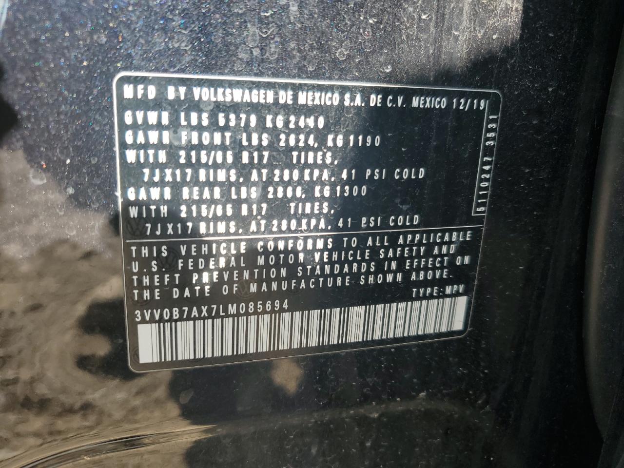 2020 Volkswagen Tiguan S VIN: 3VV0B7AX7LM085694 Lot: 84194395