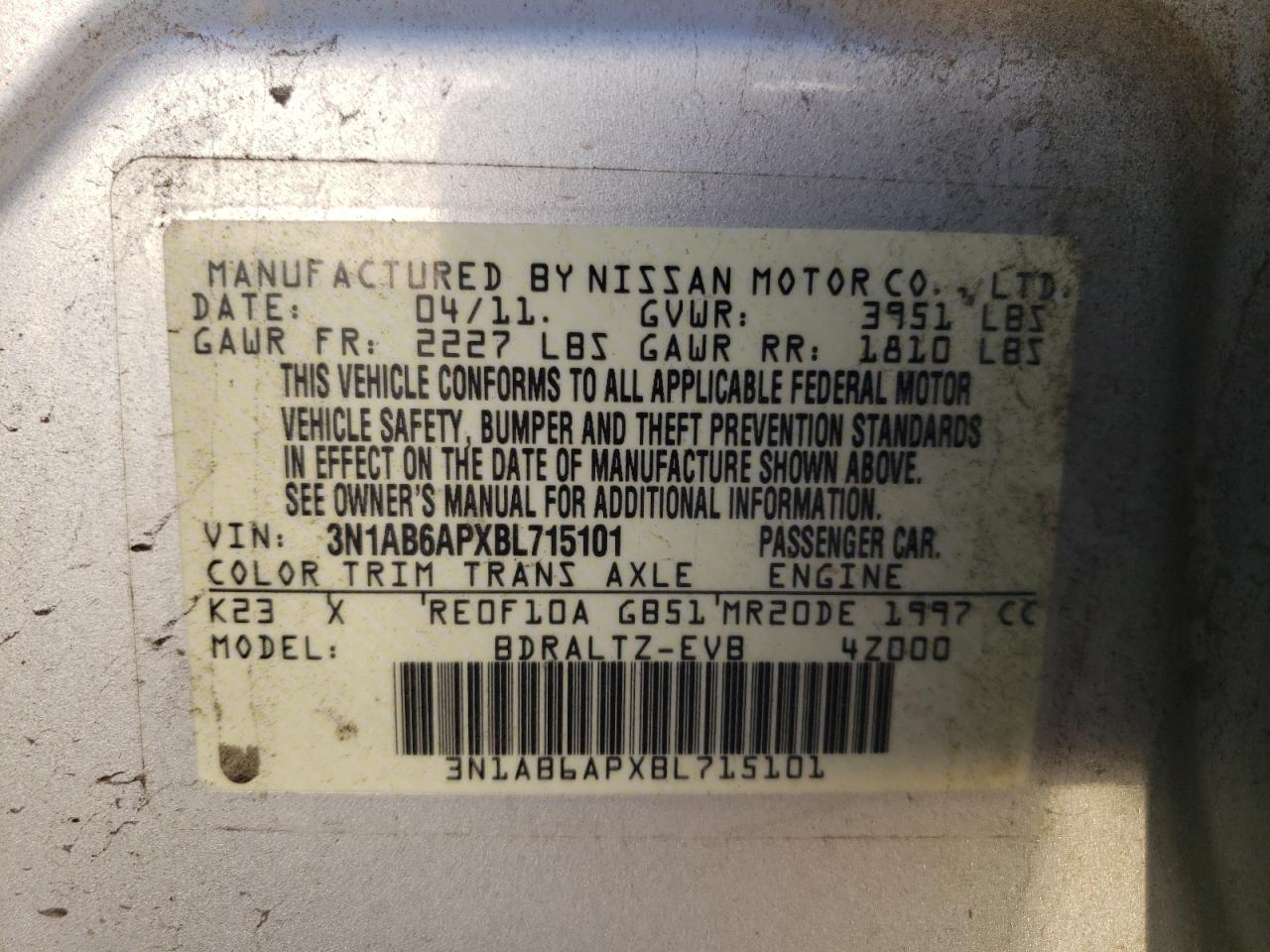1999 Nissan Sentra 2.0 VIN: 3N1AB6APXBL715101 Lot: 80434785