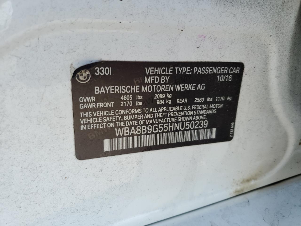 2017 BMW 330 I VIN: WBA8B9G55HNU50239 Lot: 81781475