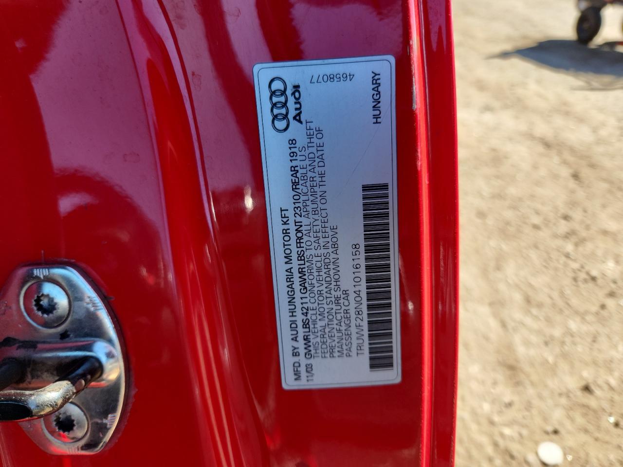 2004 Audi Tt 3.2 Quattro VIN: TRUWF28N041016158 Lot: 80483575