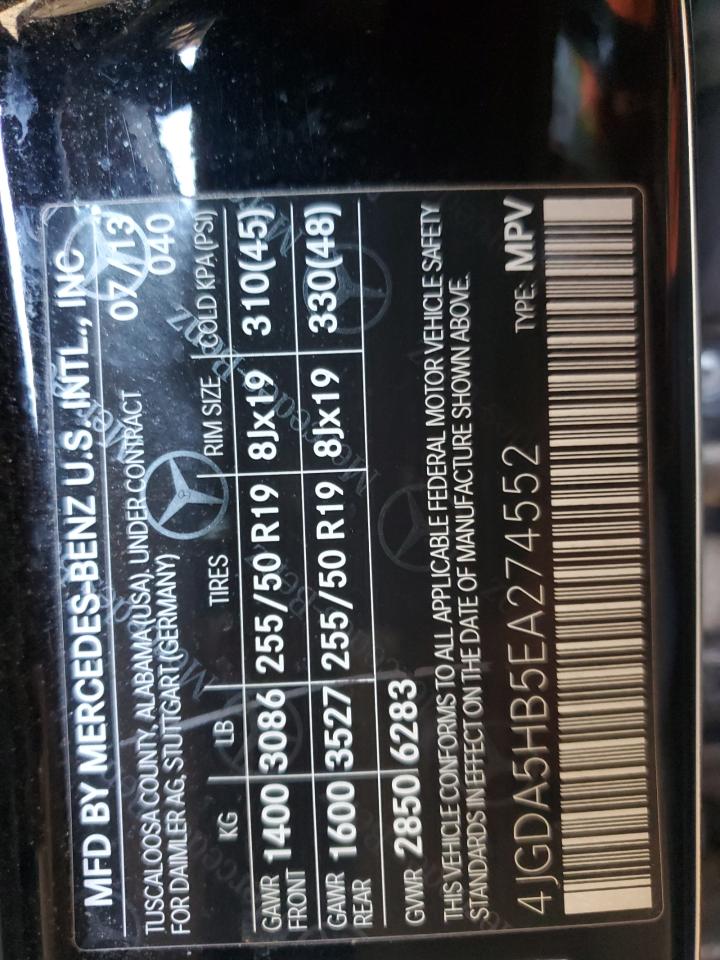 2014 Mercedes-Benz Ml 350 4Matic VIN: 4JGDA5HB5EA274552 Lot: 84421385