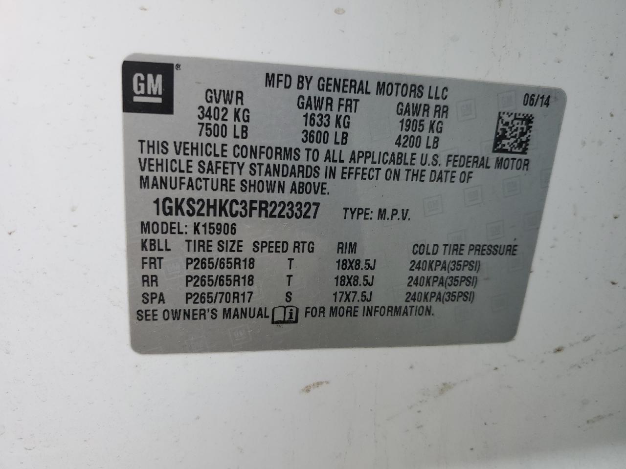 2015 GMC Yukon Xl K1500 Slt VIN: 1GKS2HKC3FR223327 Lot: 82156205