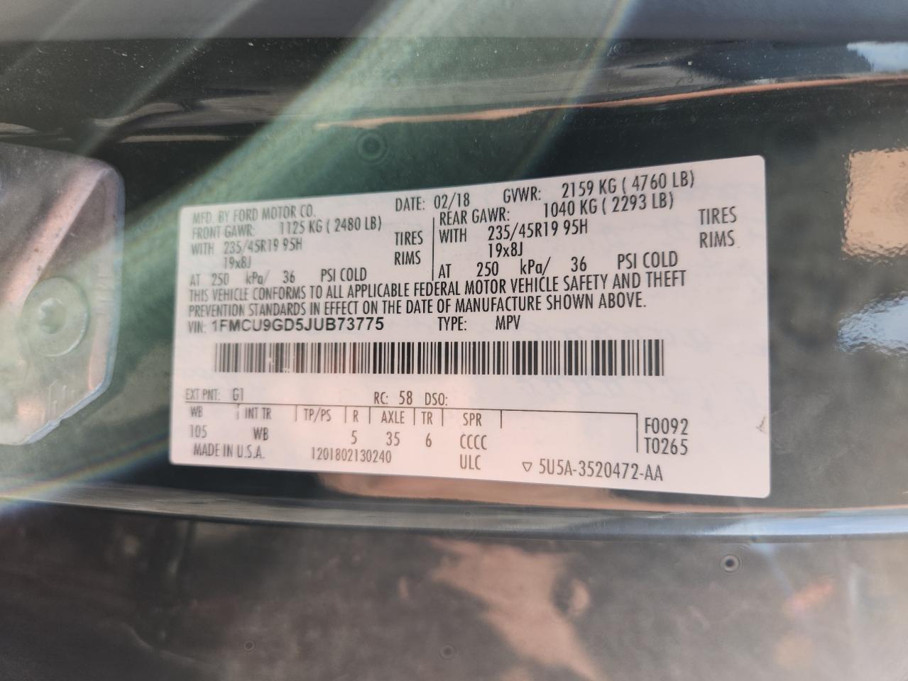 2018 Ford Escape Se VIN: 1FMCU9GD5JUB73775 Lot: 84026055