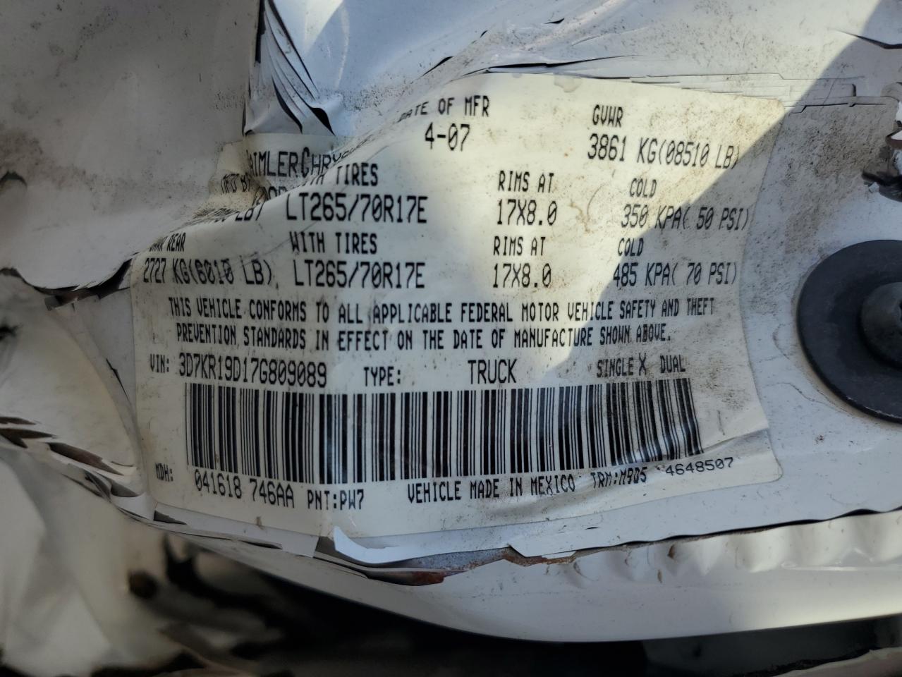 2007 Dodge Ram 1500 VIN: 3D7KR19D17G809089 Lot: 81653915