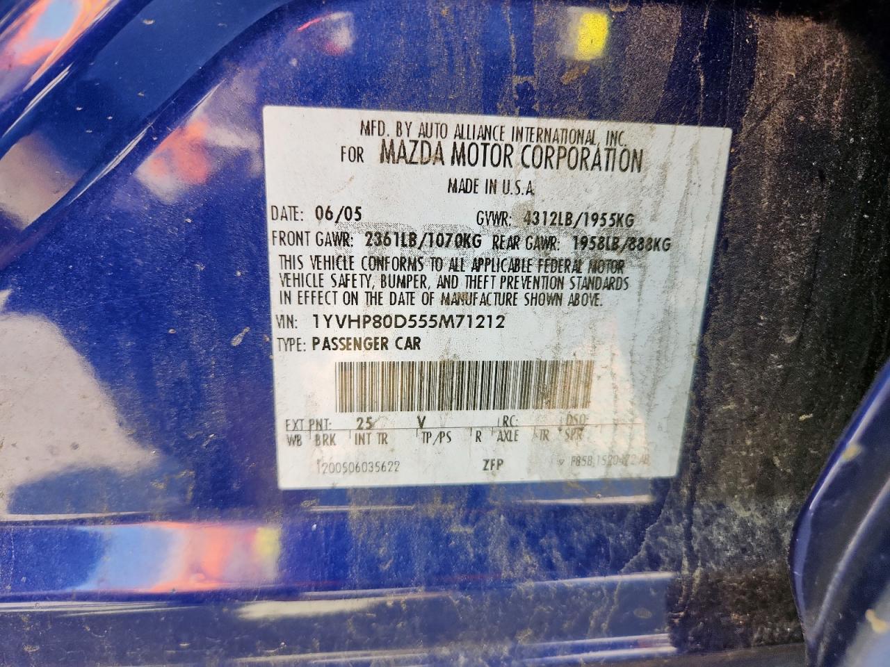 2005 Mazda 6 S VIN: 1YVHP80D555M71212 Lot: 71812035
