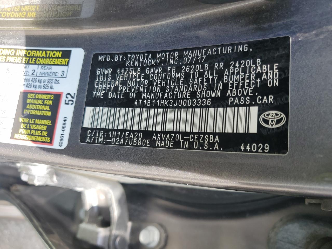 2018 Toyota Camry L VIN: 4T1B11HK3JU003336 Lot: 81517565