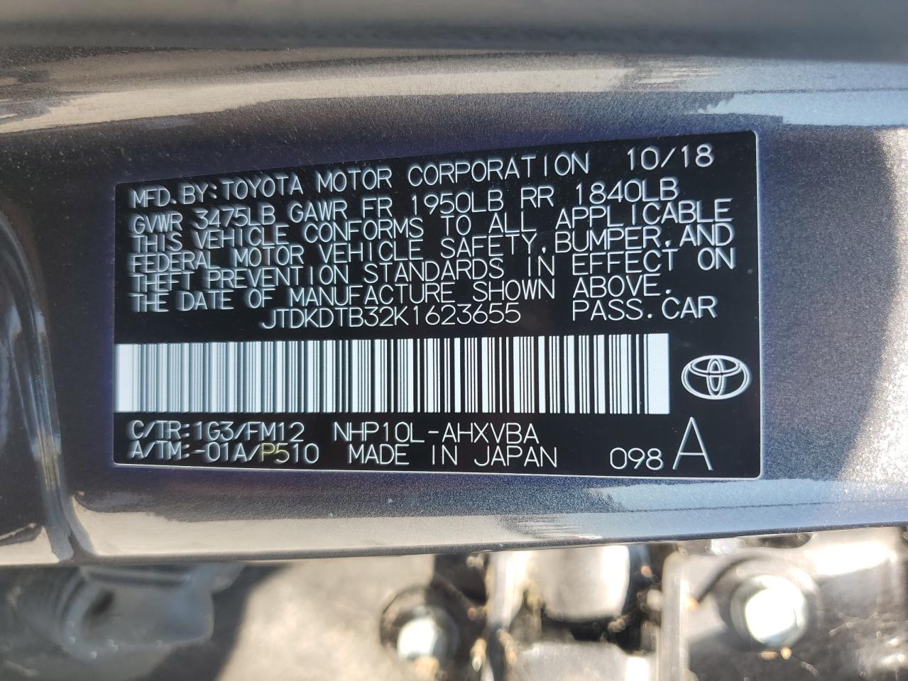 2019 Toyota Prius C VIN: JTDKDTB32K1623655 Lot: 81375645