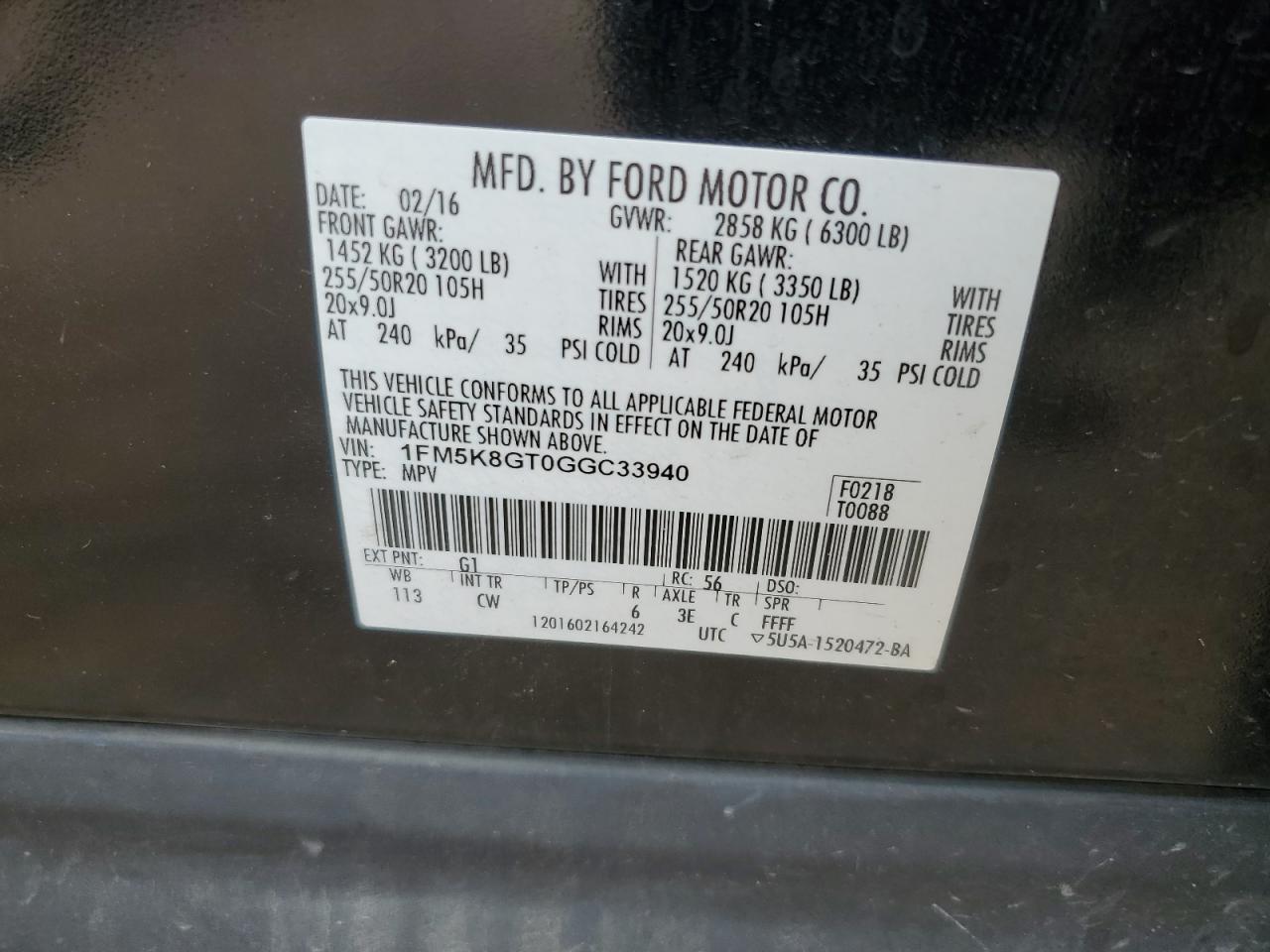 2016 Ford Explorer Sport VIN: 1FM5K8GT0GGC33940 Lot: 80557215