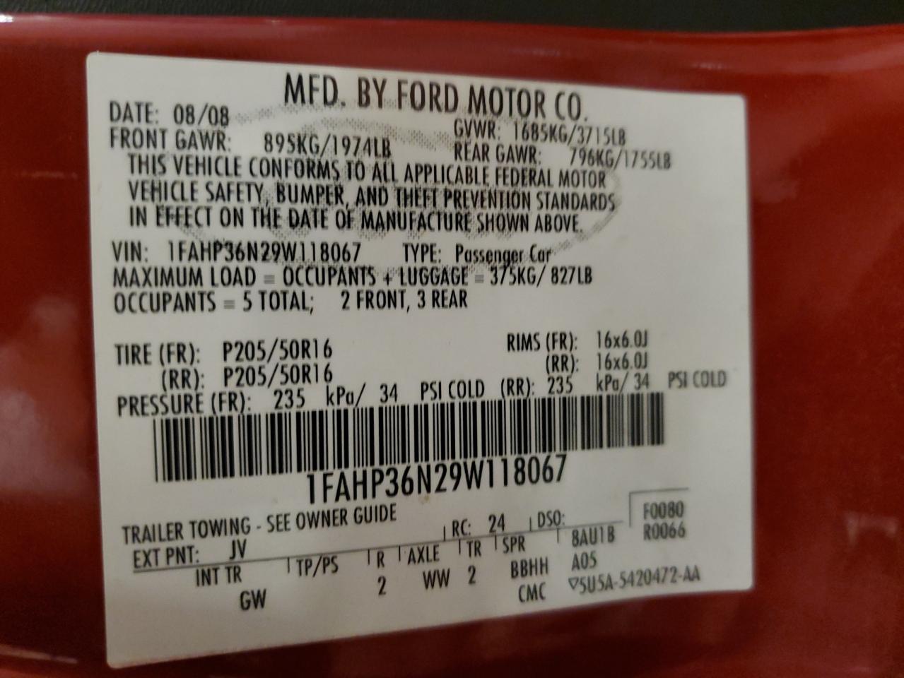 2009 Ford Focus Ses VIN: 1FAHP36N29W118067 Lot: 80876165