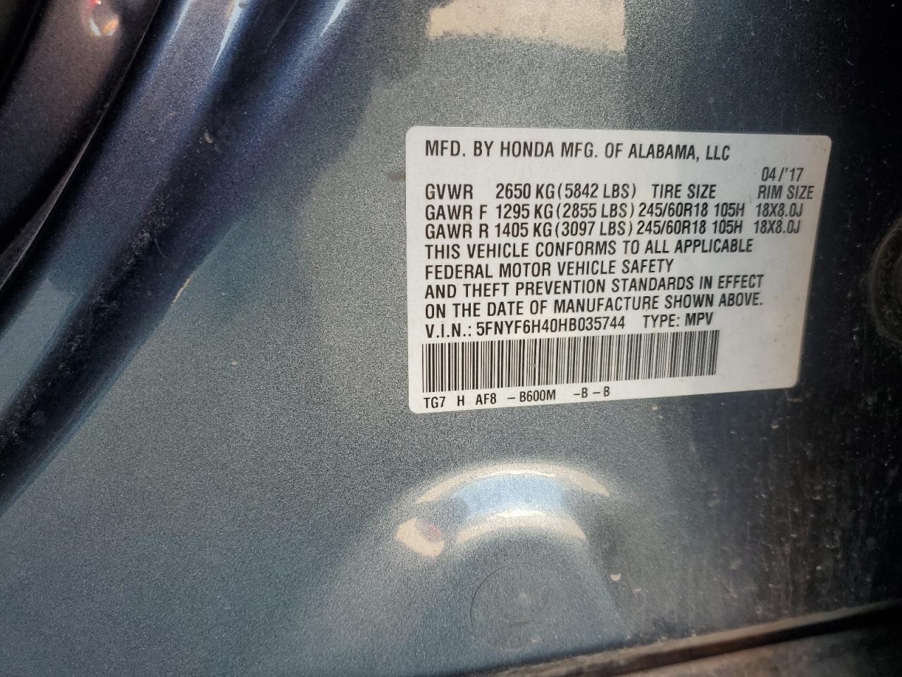 2017 Honda Pilot Ex VIN: 5FNYF6H40HB035744 Lot: 81435505