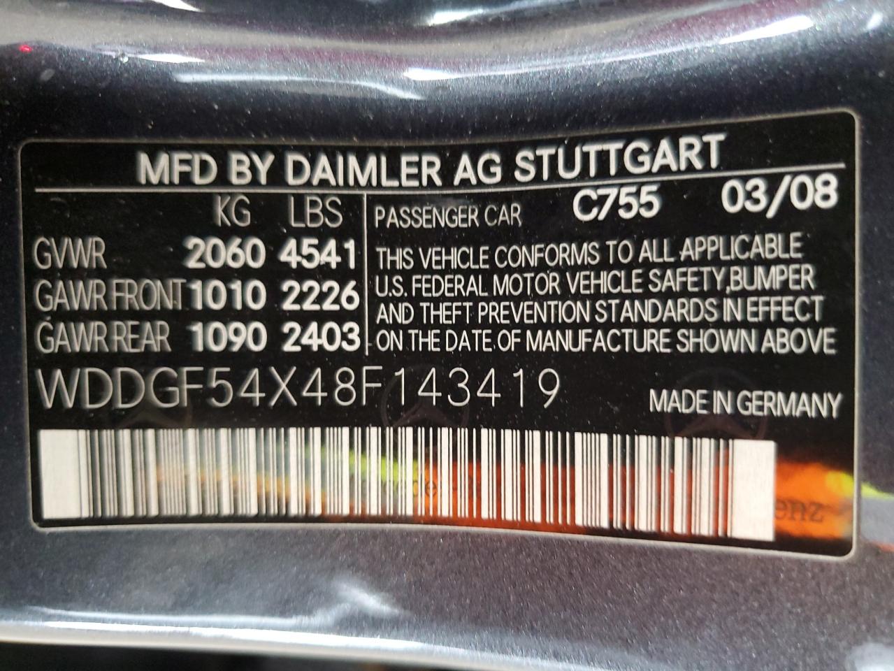 2008 Mercedes-Benz C 300 VIN: WDDGF54X48F143419 Lot: 80587235