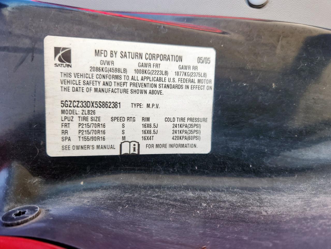 2005 Saturn Vue VIN: 5GZCZ33DX5S862381 Lot: 71122255