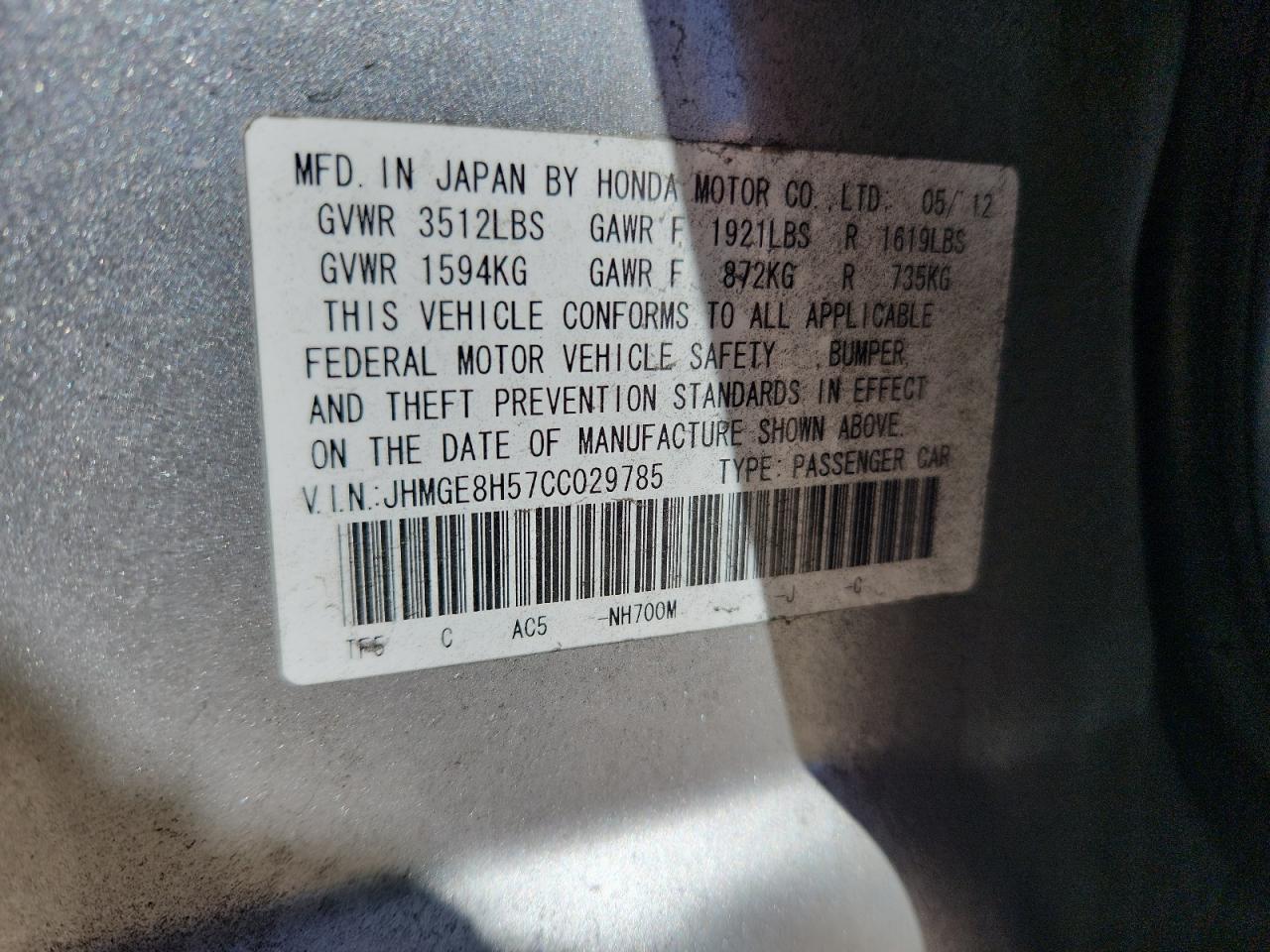 2012 Honda Fit Sport VIN: JHMGE8H57CC029785 Lot: 80806615