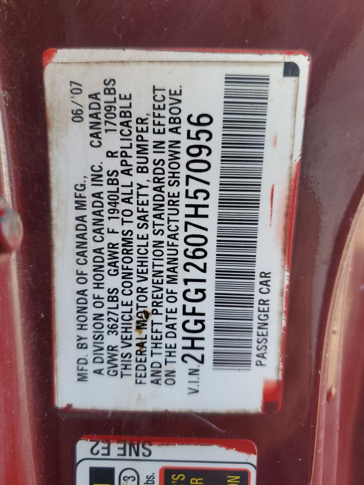 2007 Honda Civic Lx VIN: 2HGFG12607H570956 Lot: 80660595
