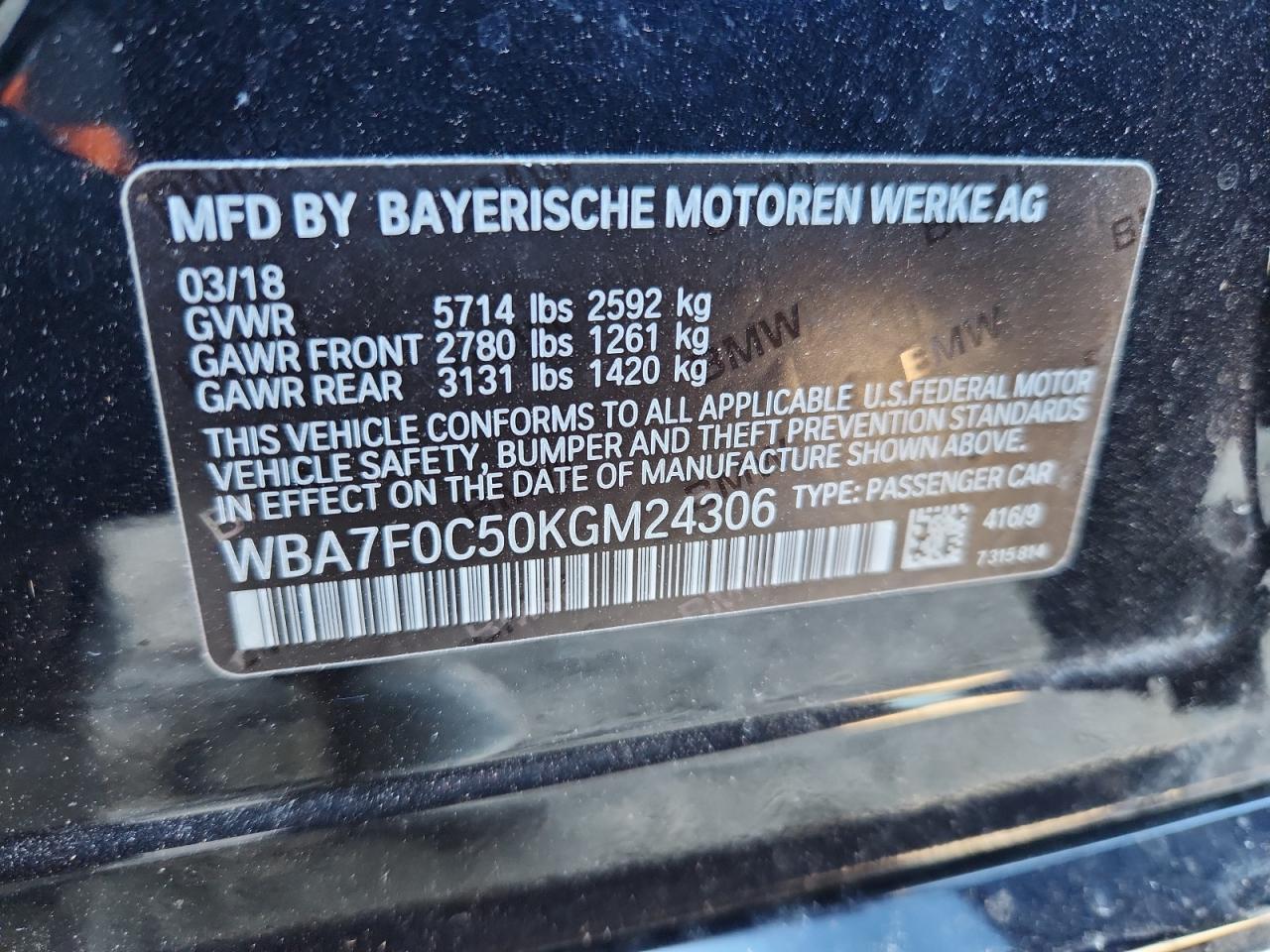 2019 BMW 750 I VIN: WBA7F0C50KGM24306 Lot: 80523465