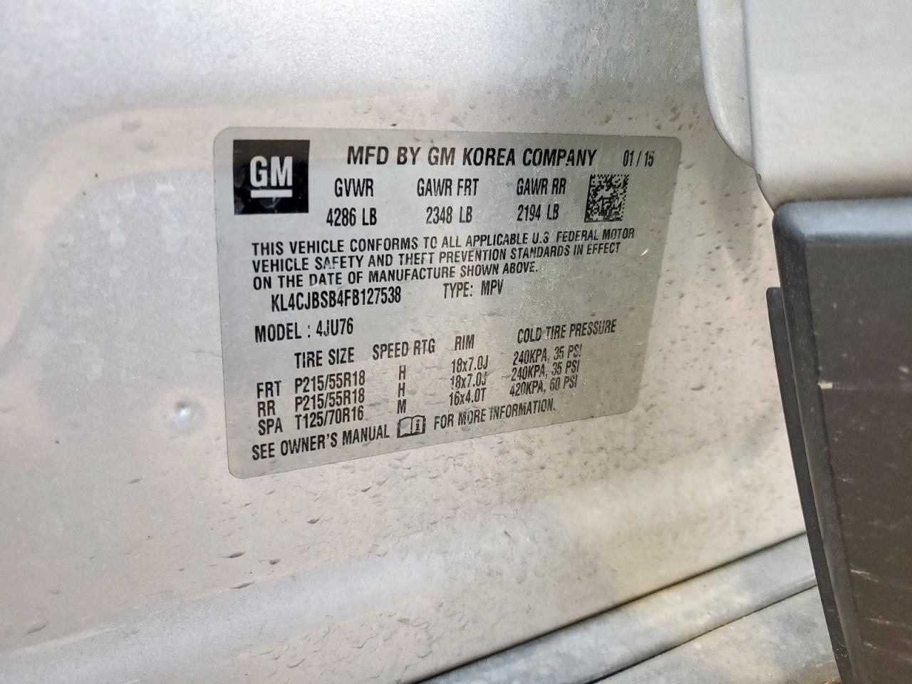 2015 Buick Encore Convenience VIN: KL4CJBSB4FB127538 Lot: 81401645