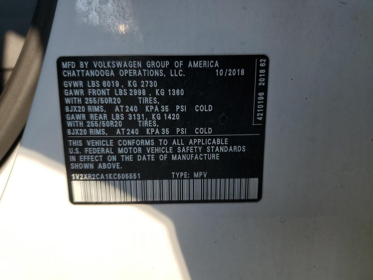 2019 Volkswagen Atlas Se VIN: 1V2XR2CA1KC505551 Lot: 80608565