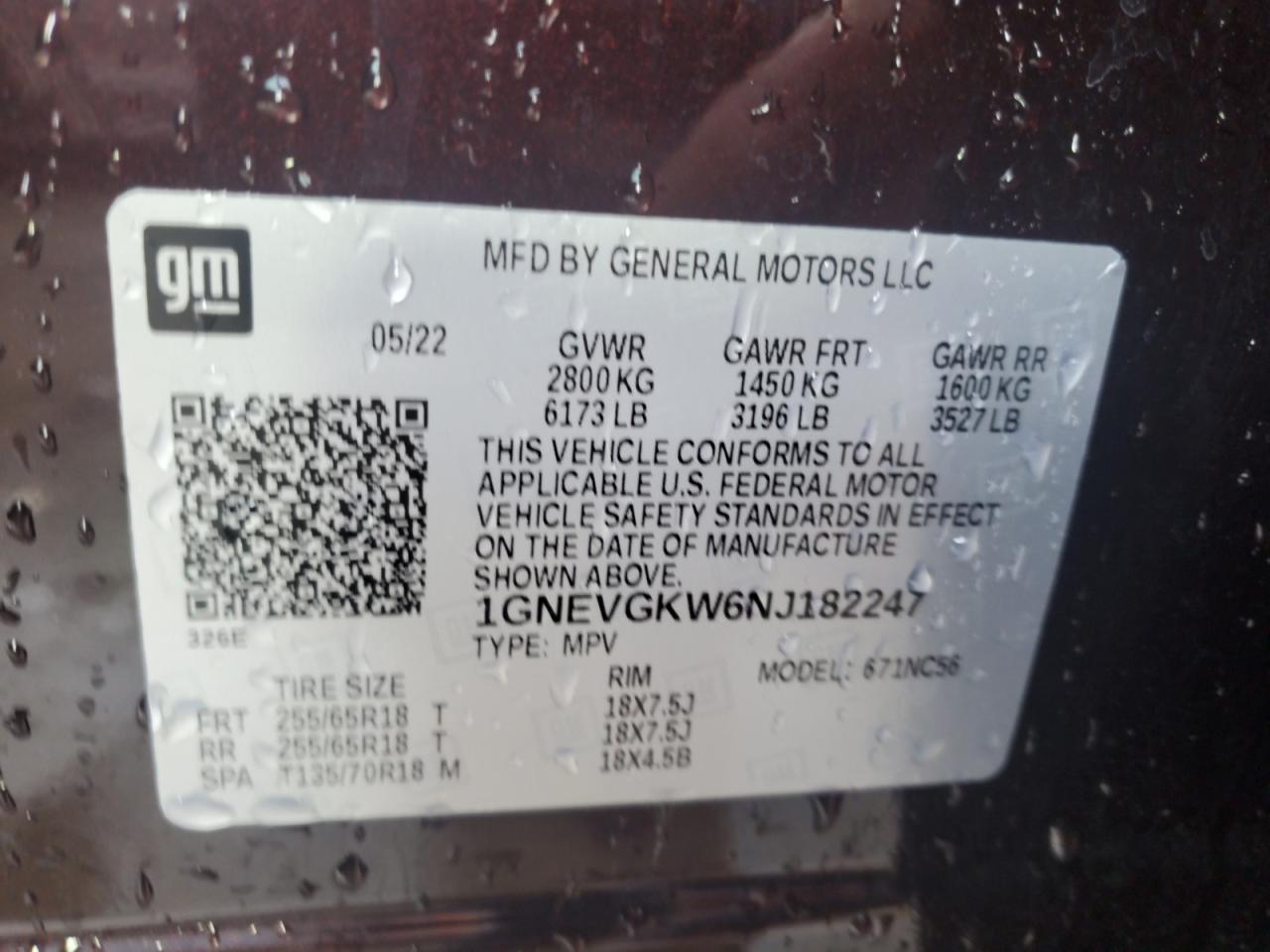 2022 Chevrolet Traverse Lt VIN: 1GNEVGKW6NJ182247 Lot: 80660375