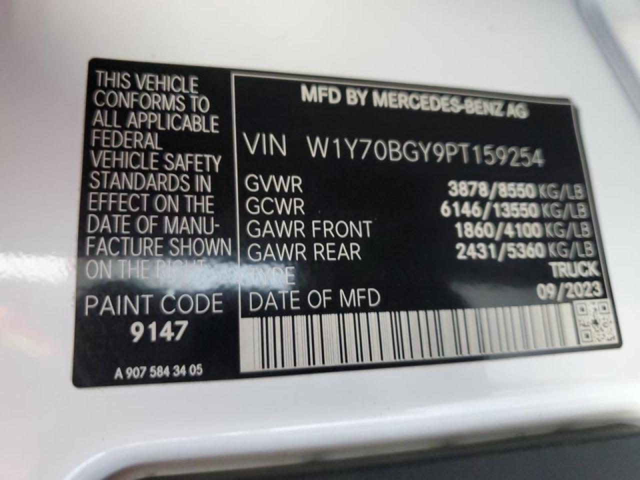 2023 Mercedes-Benz Sprinter 1500 VIN: W1Y70BGY9PT159254 Lot: 71214985