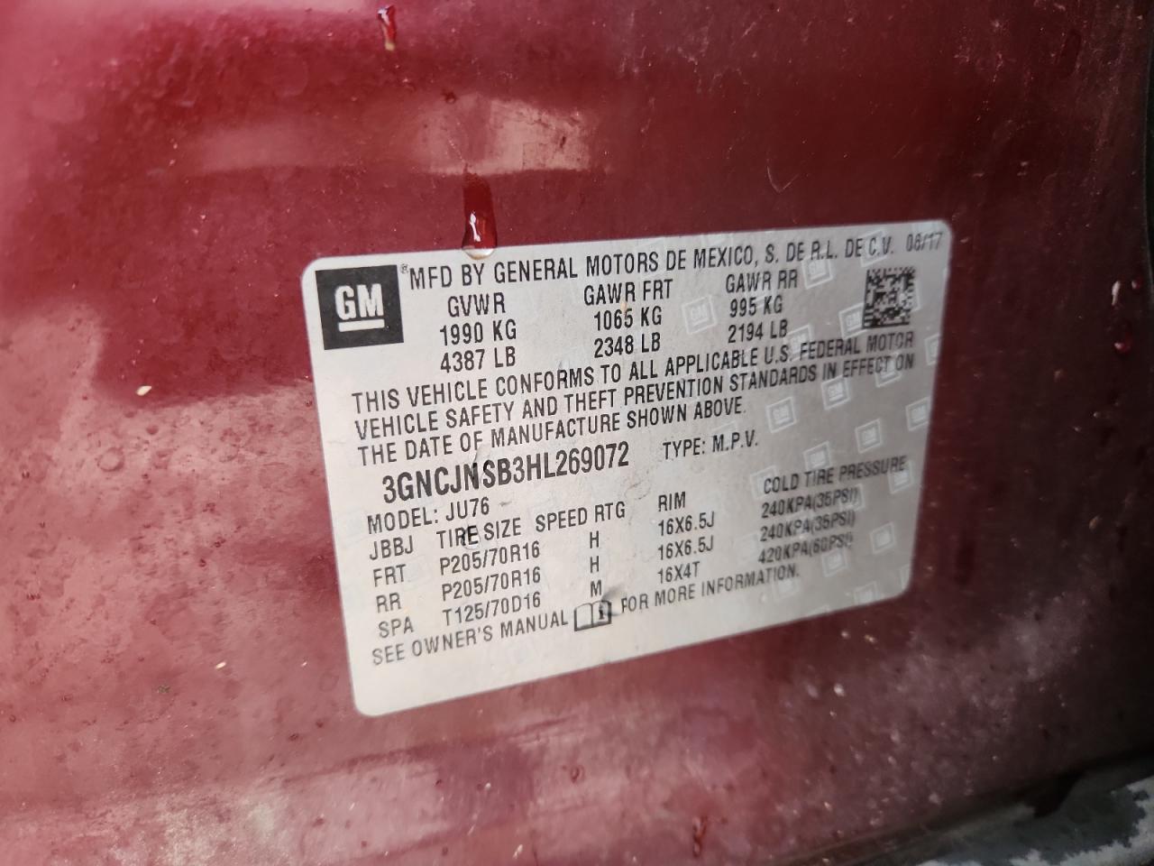 2017 Chevrolet Trax Ls VIN: 3GNCJNSB3HL269072 Lot: 71783115