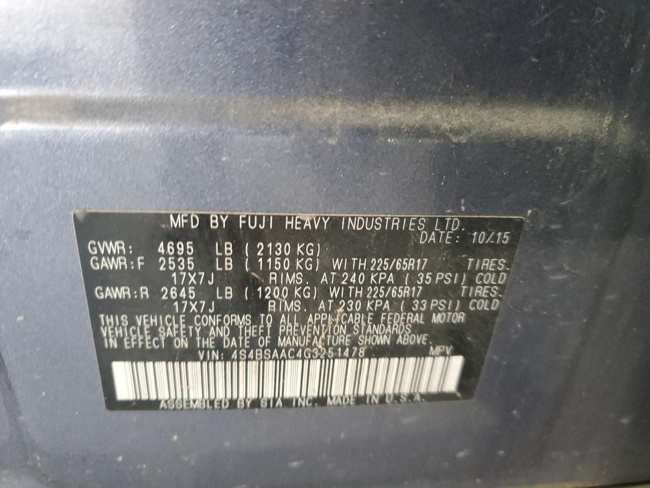 2016 Subaru Outback 2.5I VIN: 4S4BSAAC4G3251478 Lot: 71635105