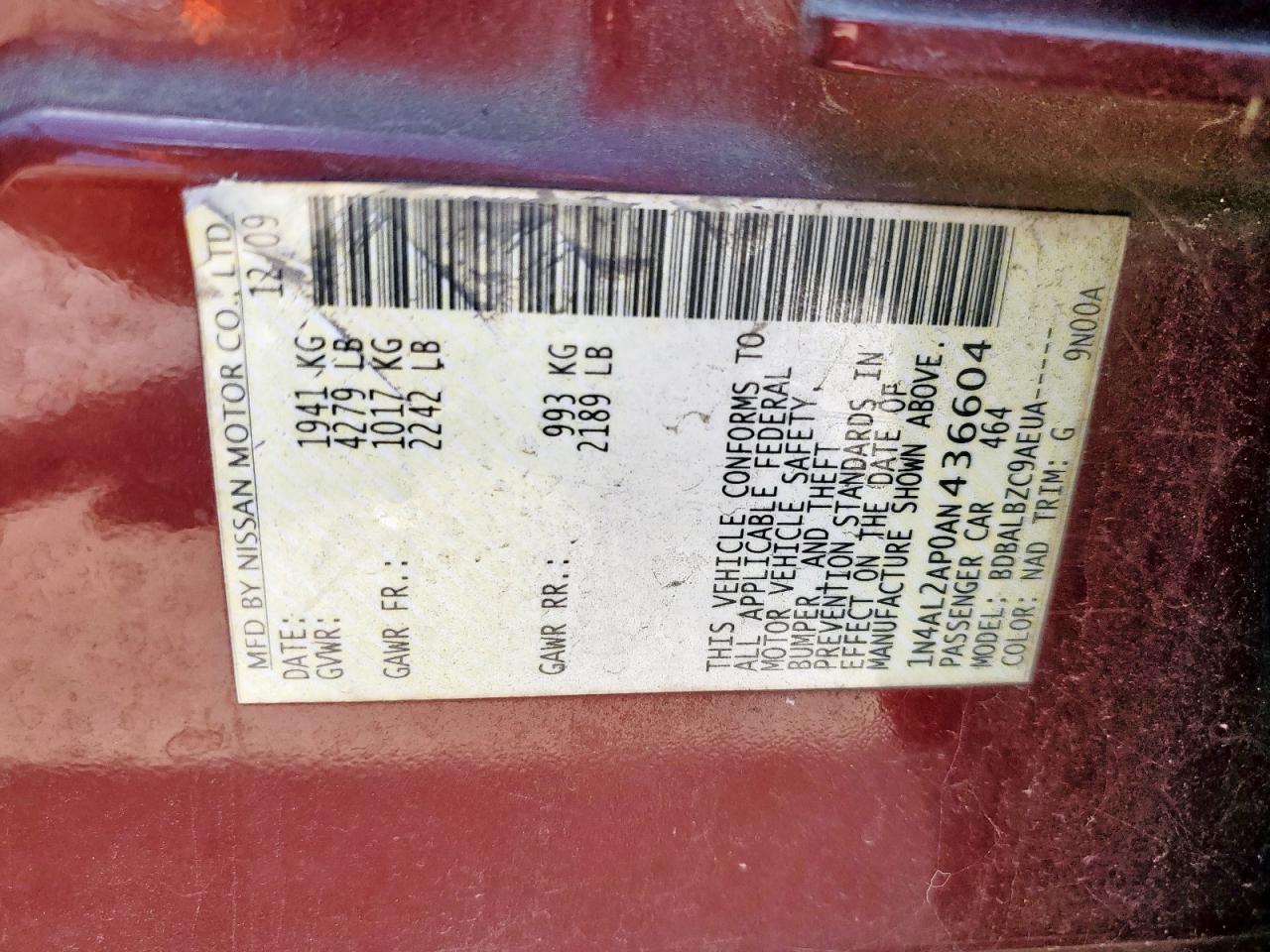 2010 Nissan Altima Base VIN: 1N4AL2AP0AN436604 Lot: 80367725