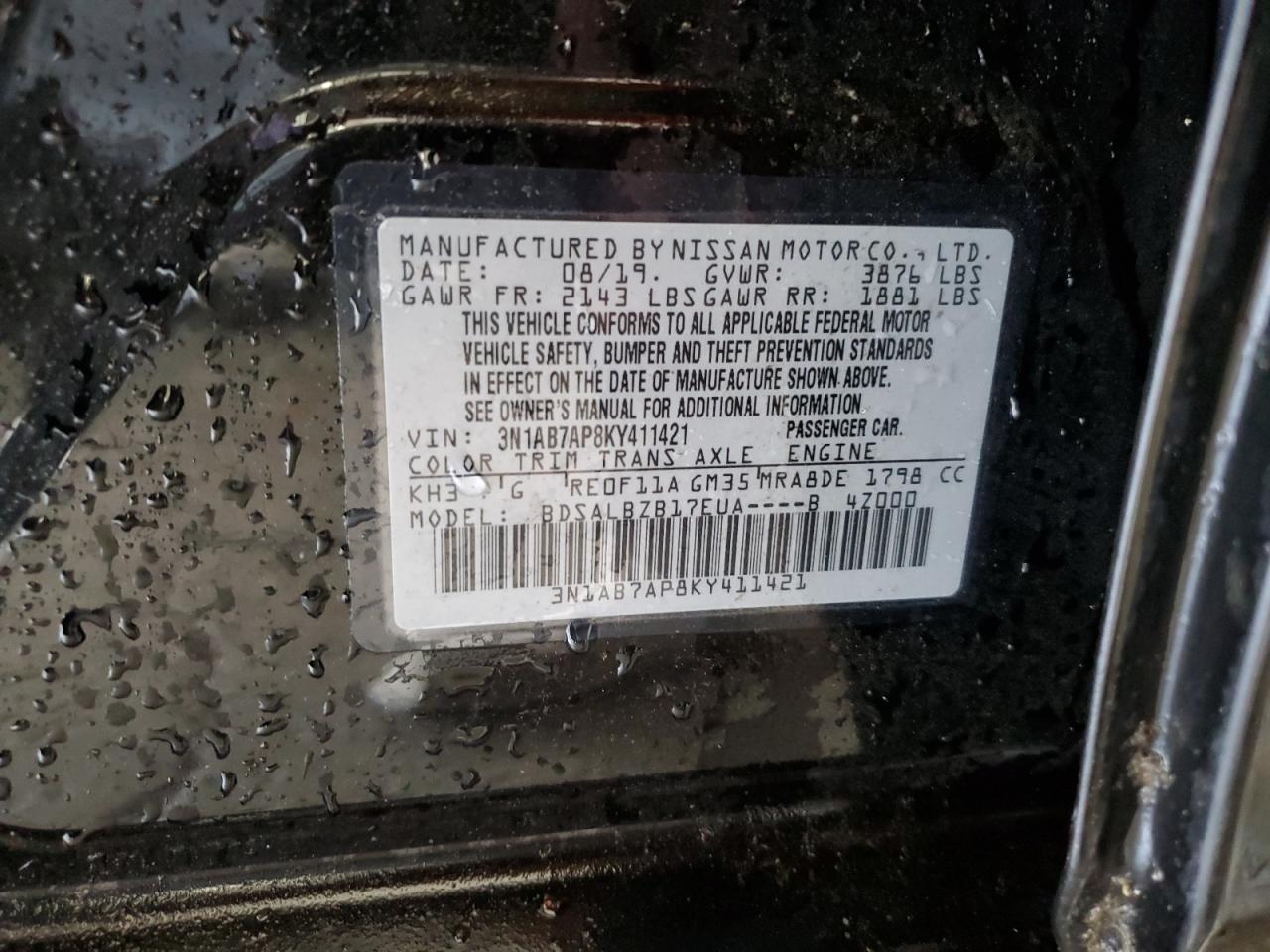 2019 Nissan Sentra S VIN: 3N1AB7AP8KY411421 Lot: 80724955