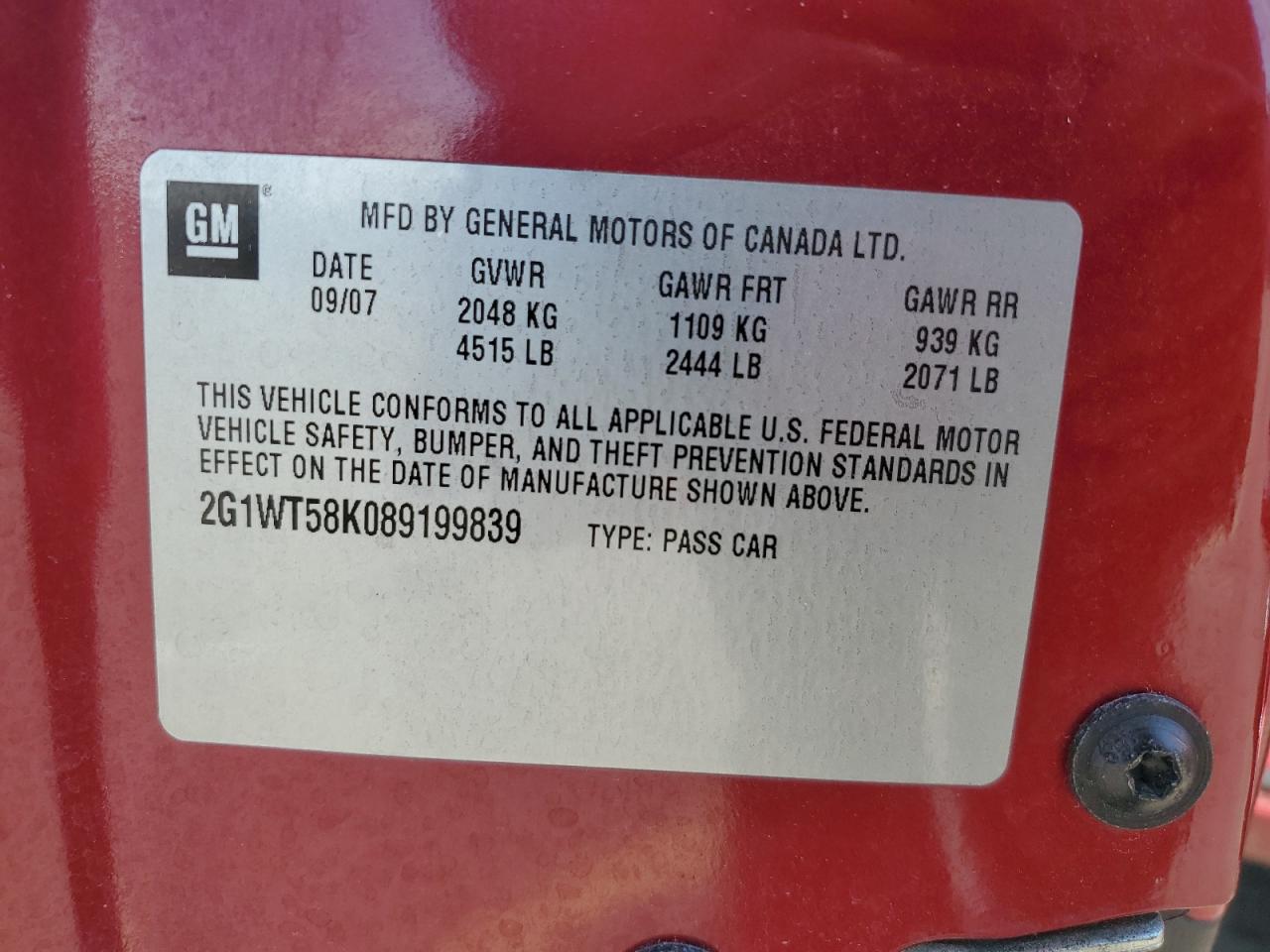 2008 Chevrolet Impala Lt VIN: 2G1WT58K089199839 Lot: 81450685