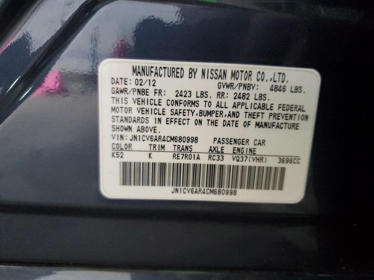 2012 Infiniti G37 VIN: JN1CV6AR4CM680998 Lot: 70639715