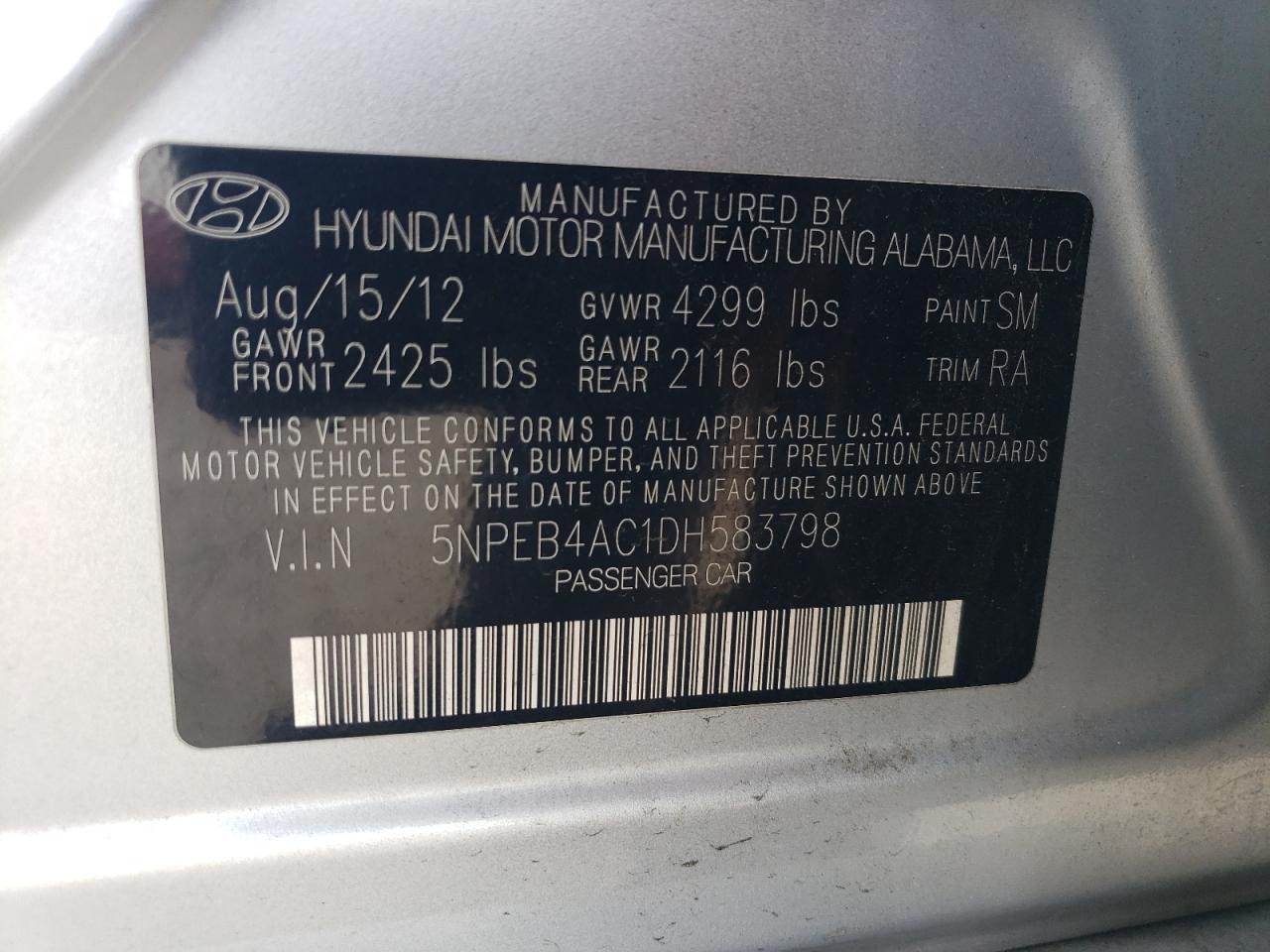 2013 Hyundai Sonata Gls VIN: 5NPEB4AC1DH583797 Lot: 80307855