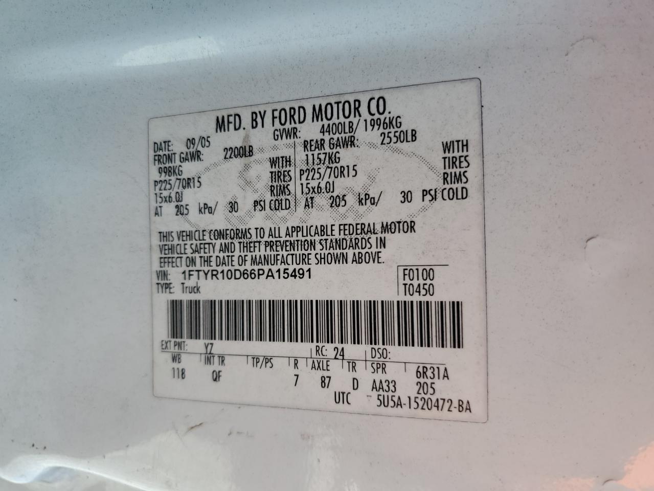 2006 Ford Ranger VIN: 1FTYR10D66PA15491 Lot: 81873215